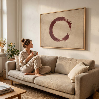 Japandi canvas wall art showing a single oxblood enso circle with an open gap, brushed on a warm cream ground