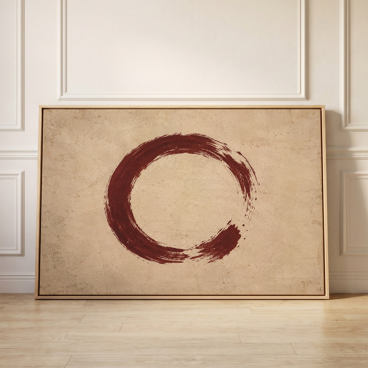 A single oxblood enso circle with an open gap, brushed on a warm cream ground, canvas wall art