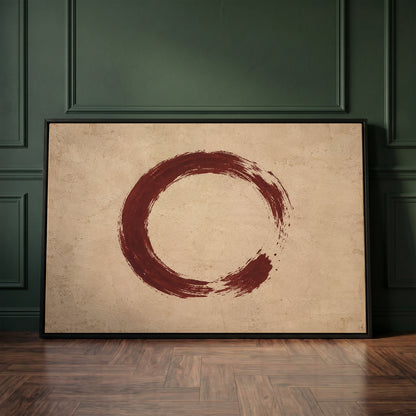 Meditation canvas wall art showing a single oxblood enso circle with an open gap, brushed on a warm cream ground
