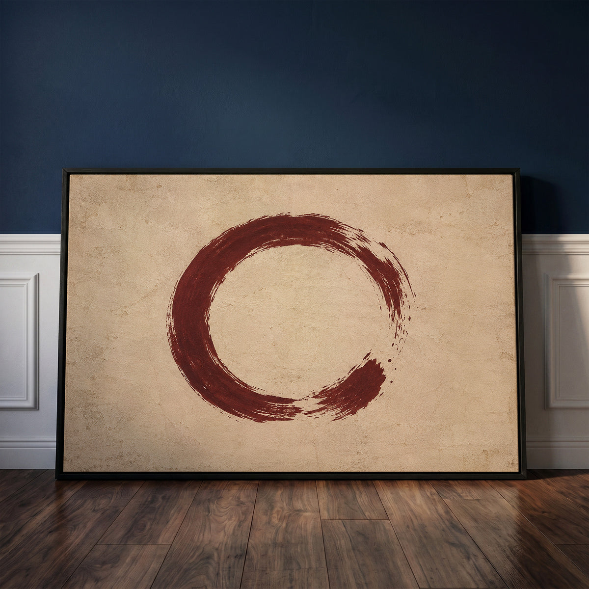 Wabi sabi canvas wall art showing a single oxblood enso circle with an open gap, brushed on a warm cream ground