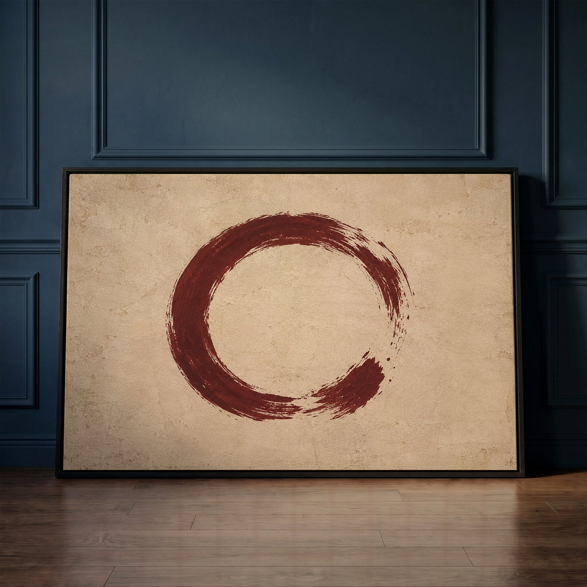 Burgundy canvas wall art showing a single oxblood enso circle with an open gap, brushed on a warm cream ground