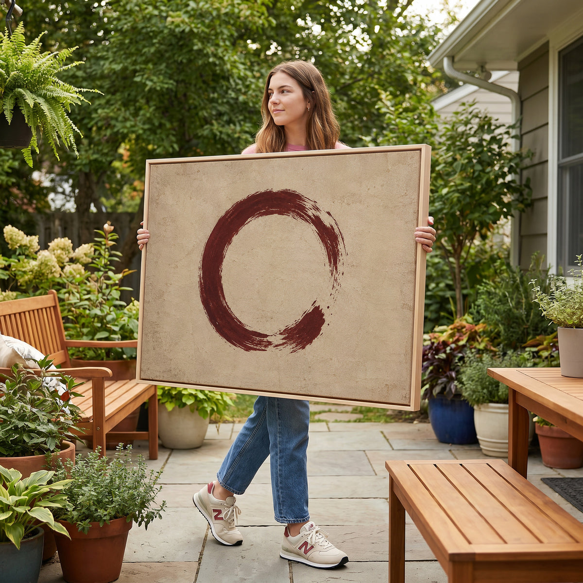 Calm canvas wall art showing a single oxblood enso circle with an open gap, brushed on a warm cream ground