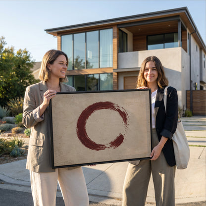 A single oxblood enso circle with an open gap, brushed on a warm cream ground, canvas print
