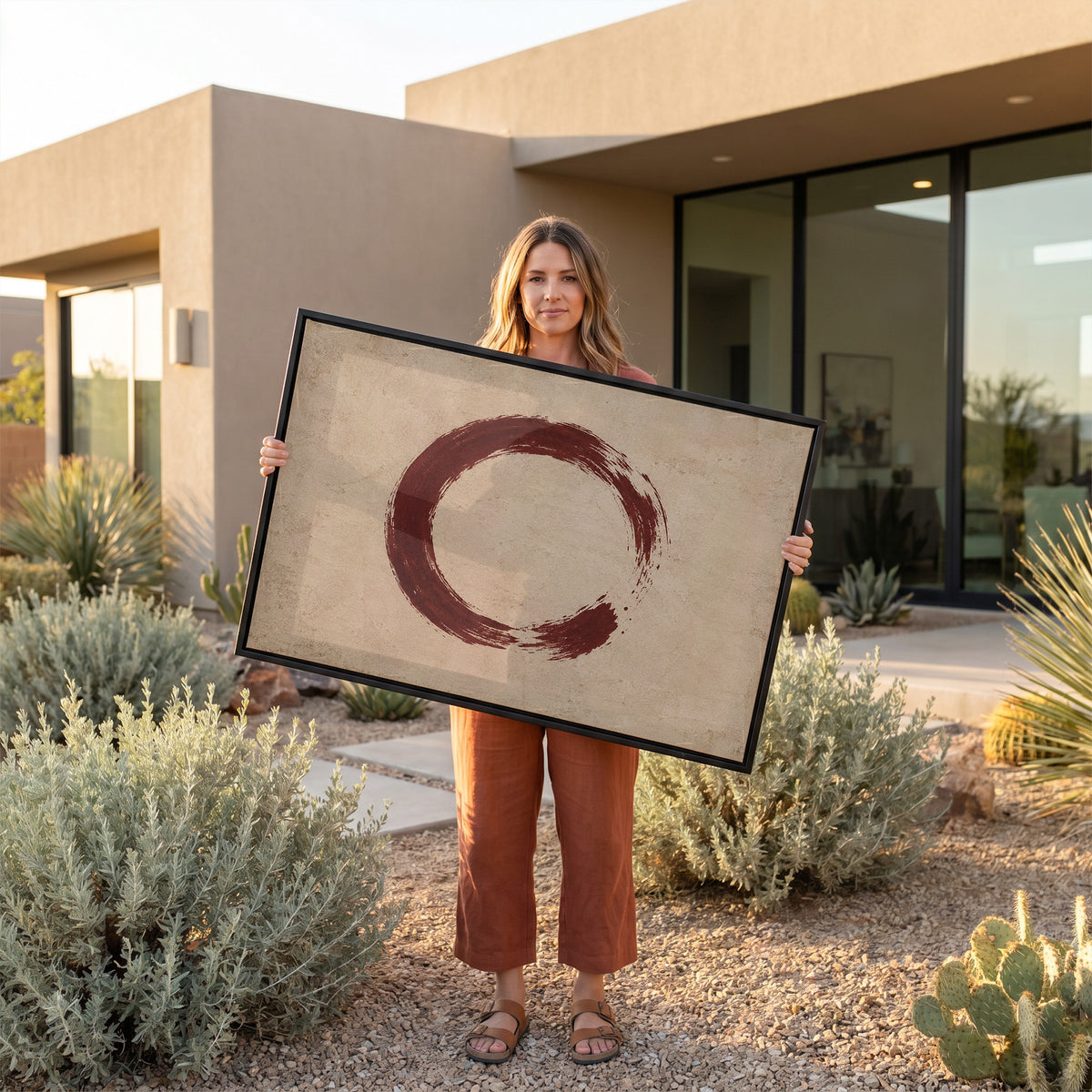 Minimalist canvas wall art showing a single oxblood enso circle with an open gap, brushed on a warm cream ground