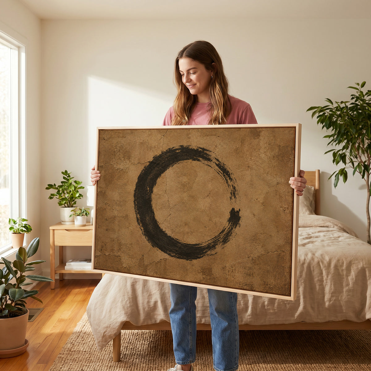 Earthy canvas wall art showing a black enso circle brushed on a cracked warm brown ground, open on the right side