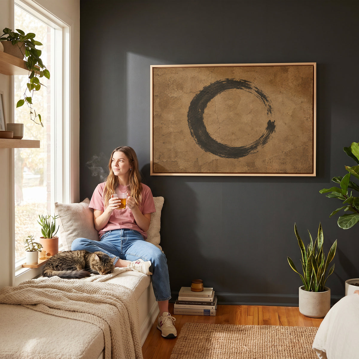 Black circle canvas wall art showing a black enso circle brushed on a cracked warm brown ground, open on the right side