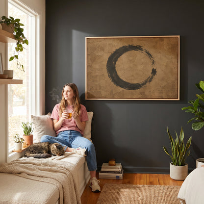 Black circle canvas wall art showing a black enso circle brushed on a cracked warm brown ground, open on the right side