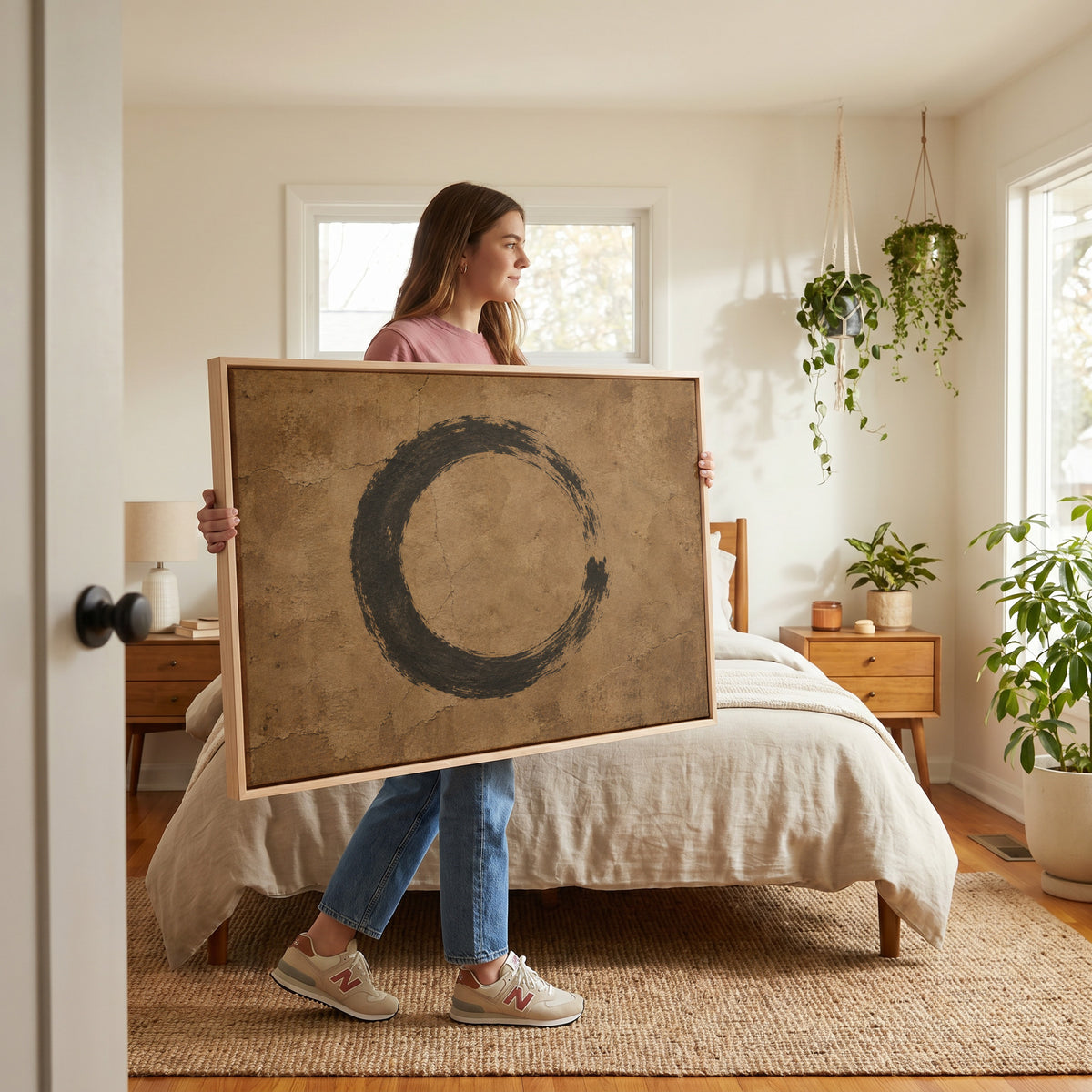 Brown canvas wall art showing a black enso circle brushed on a cracked warm brown ground, open on the right side