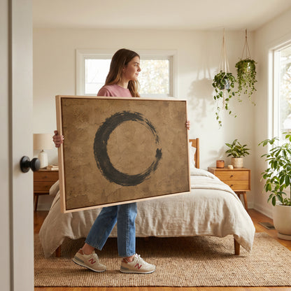Brown canvas wall art showing a black enso circle brushed on a cracked warm brown ground, open on the right side