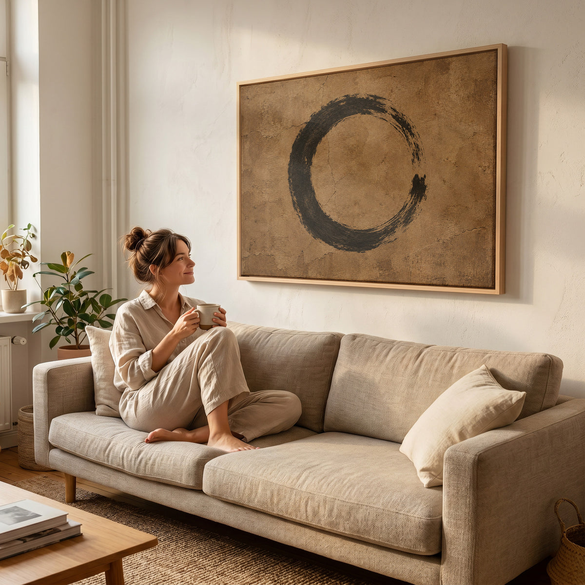 A black enso circle brushed on a cracked warm brown ground, open on the right side, canvas art print