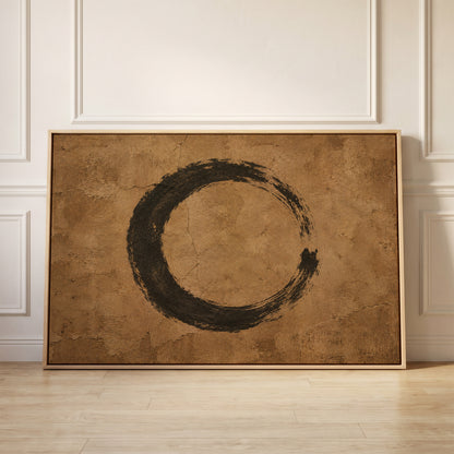A black enso circle brushed on a cracked warm brown ground, open on the right side, canvas wall art
