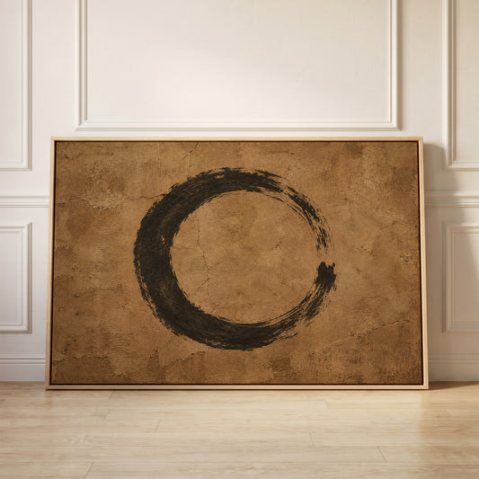 A black enso circle brushed on a cracked warm brown ground, open on the right side, canvas wall art