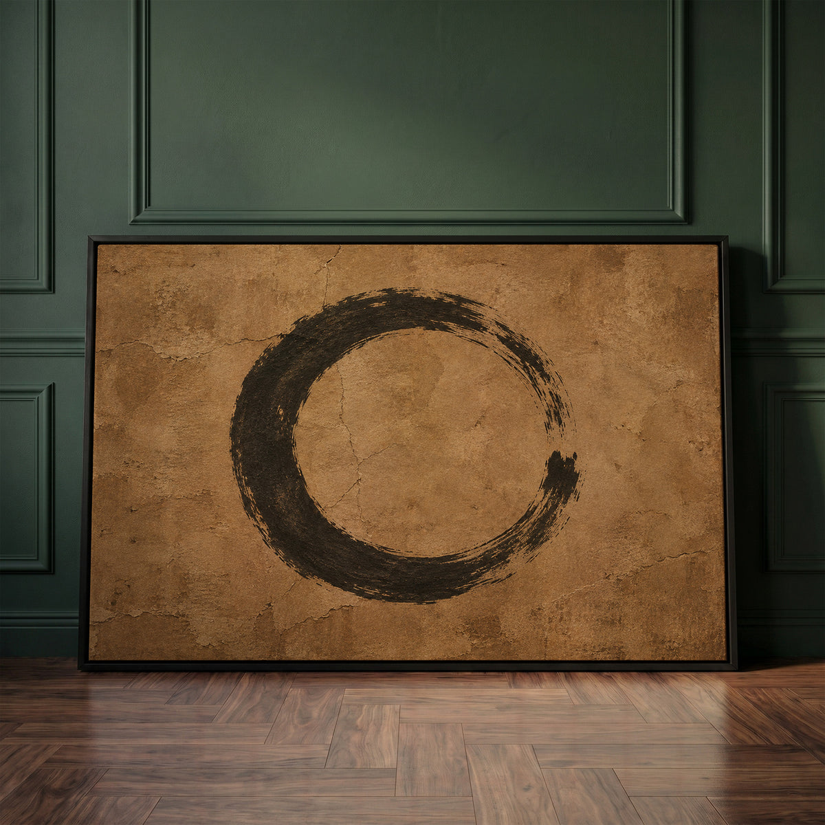 Enso circle canvas wall art showing a black enso circle brushed on a cracked warm brown ground, open on the right side