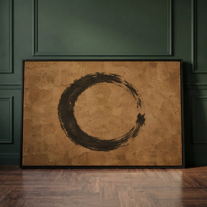 Enso circle canvas wall art showing a black enso circle brushed on a cracked warm brown ground, open on the right side