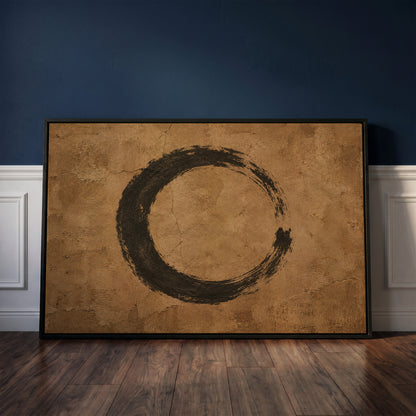 Meditation canvas wall art showing a black enso circle brushed on a cracked warm brown ground, open on the right side