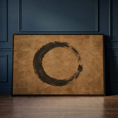 Wabi sabi canvas wall art showing a black enso circle brushed on a cracked warm brown ground, open on the right side