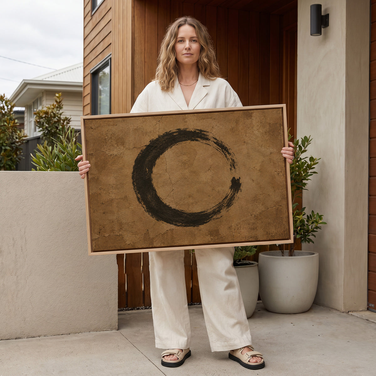 A black enso circle brushed on a cracked warm brown ground, open on the right side, canvas print