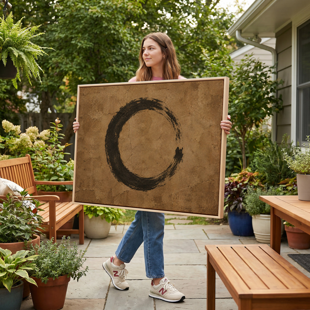 Minimalist canvas wall art showing a black enso circle brushed on a cracked warm brown ground, open on the right side