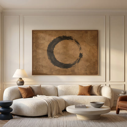 Japanese canvas wall art showing a black enso circle brushed on a cracked warm brown ground, open on the right side