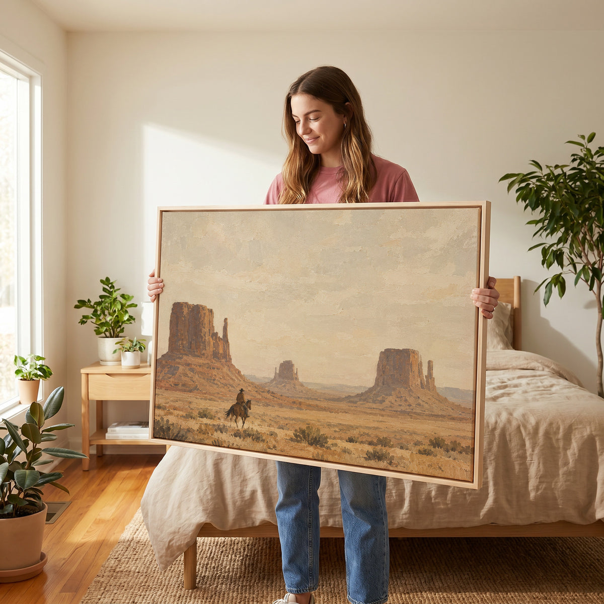 Western canvas wall art showing a lone rider on horseback crossing desert sagebrush below three sandstone buttes