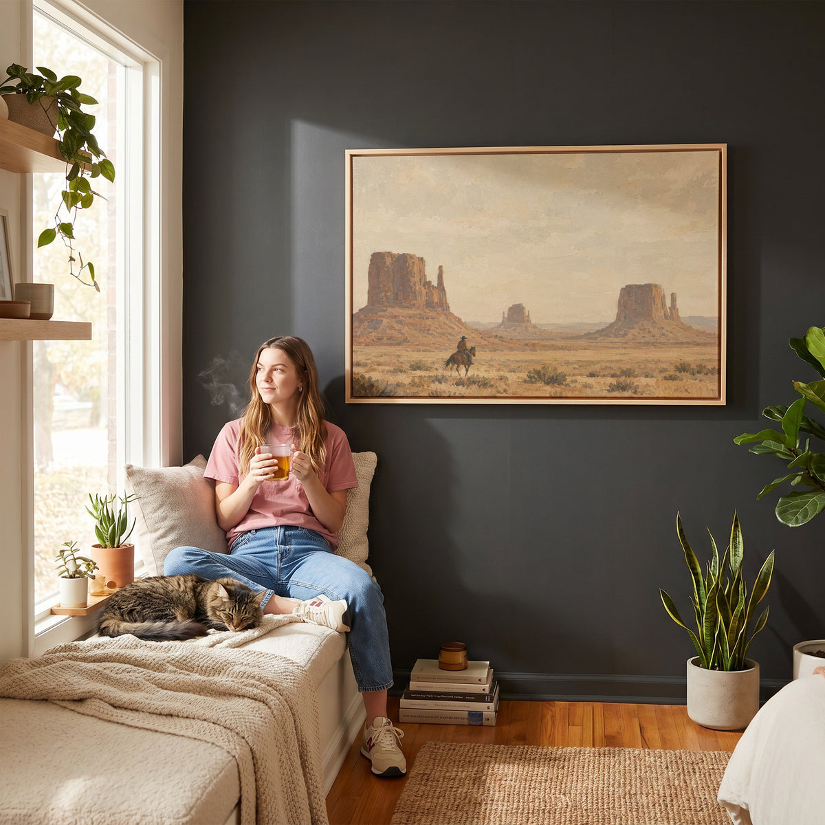 Southwestern canvas wall art showing a lone rider on horseback crossing desert sagebrush below three sandstone buttes