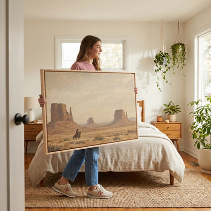 Butte landscape canvas wall art showing a lone rider on horseback crossing desert sagebrush below three sandstone buttes