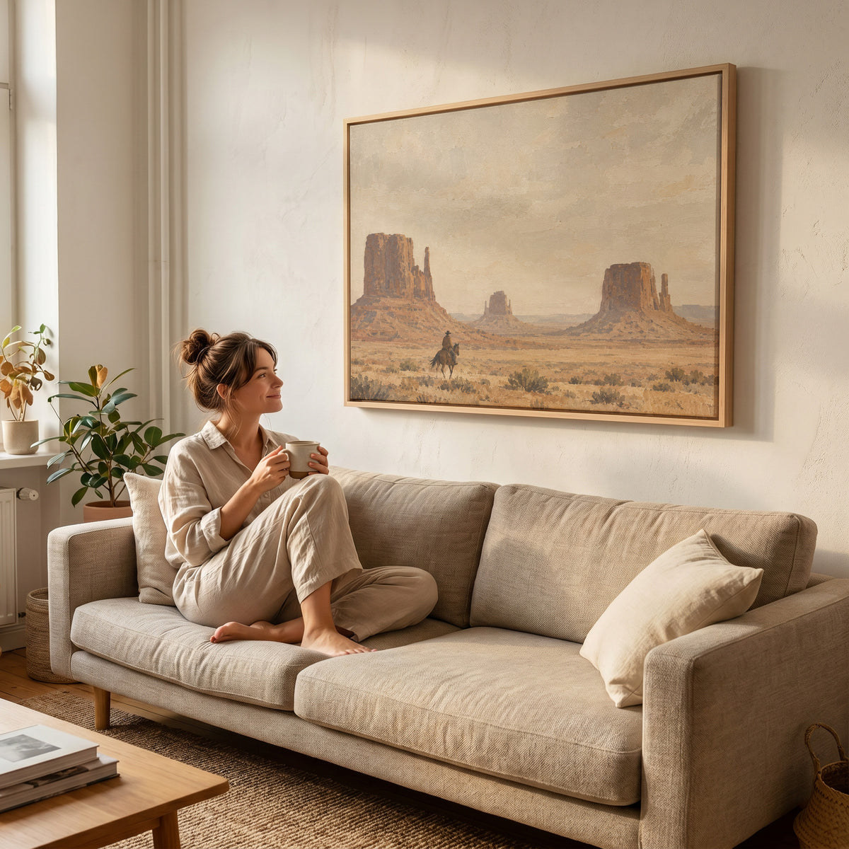 Ranch canvas wall art showing a lone rider on horseback crossing desert sagebrush below three sandstone buttes