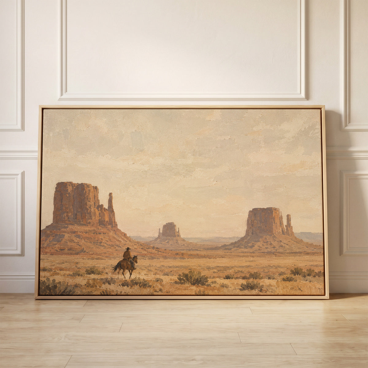 A lone rider on horseback crossing desert sagebrush below three sandstone buttes, canvas wall art