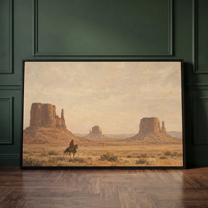 Horse canvas wall art showing a lone rider on horseback crossing desert sagebrush below three sandstone buttes