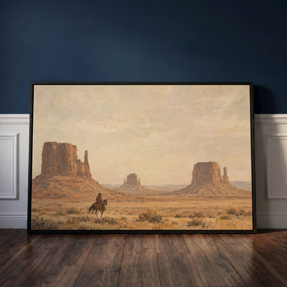 A lone rider on horseback crossing desert sagebrush below three sandstone buttes, monument valley horizontal canvas print