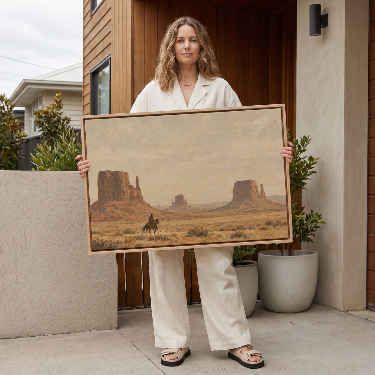 Oil painting canvas wall art showing a lone rider on horseback crossing desert sagebrush below three sandstone buttes