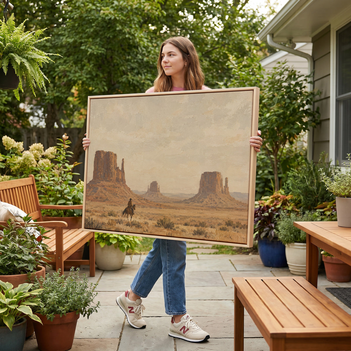 A lone rider on horseback crossing desert sagebrush below three sandstone buttes, wall art print