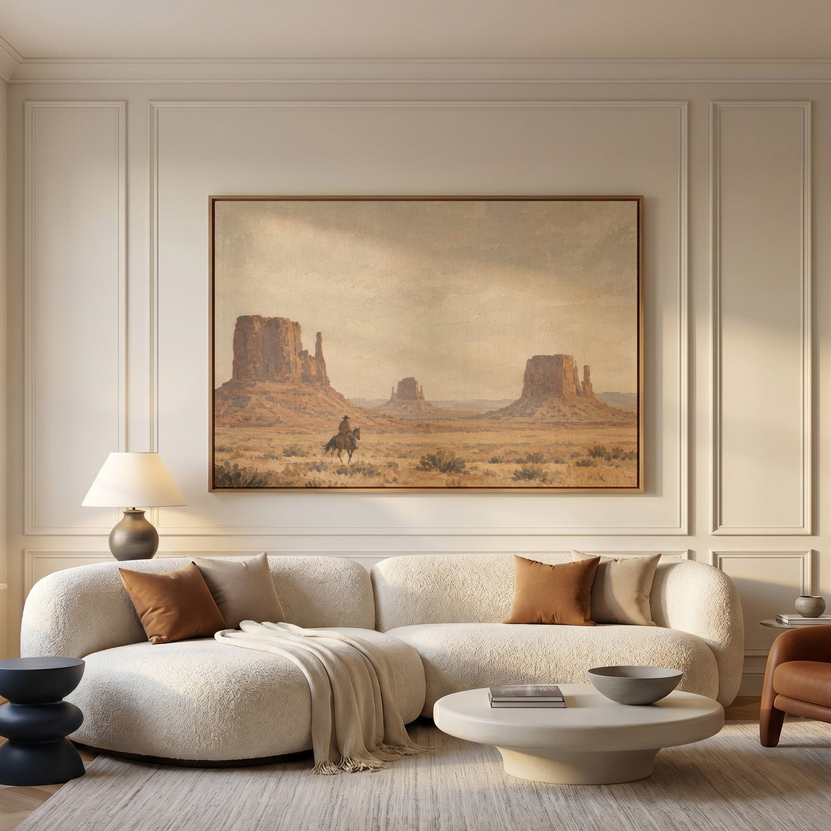 Cowboy canvas wall art showing a lone rider on horseback crossing desert sagebrush below three sandstone buttes
