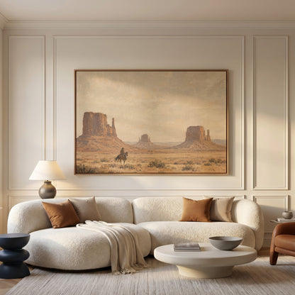 Cowboy canvas wall art showing a lone rider on horseback crossing desert sagebrush below three sandstone buttes
