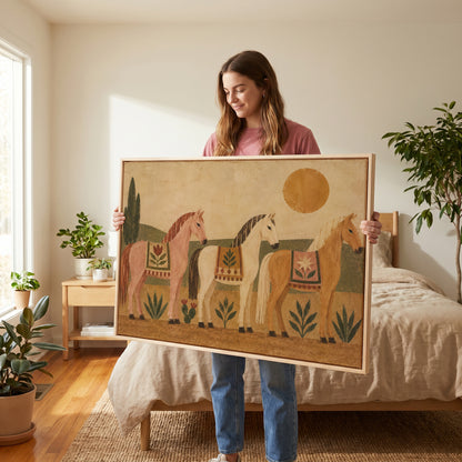 Kids room canvas wall art showing three naive folk horses in patterned blankets standing in a row under a gold sun
