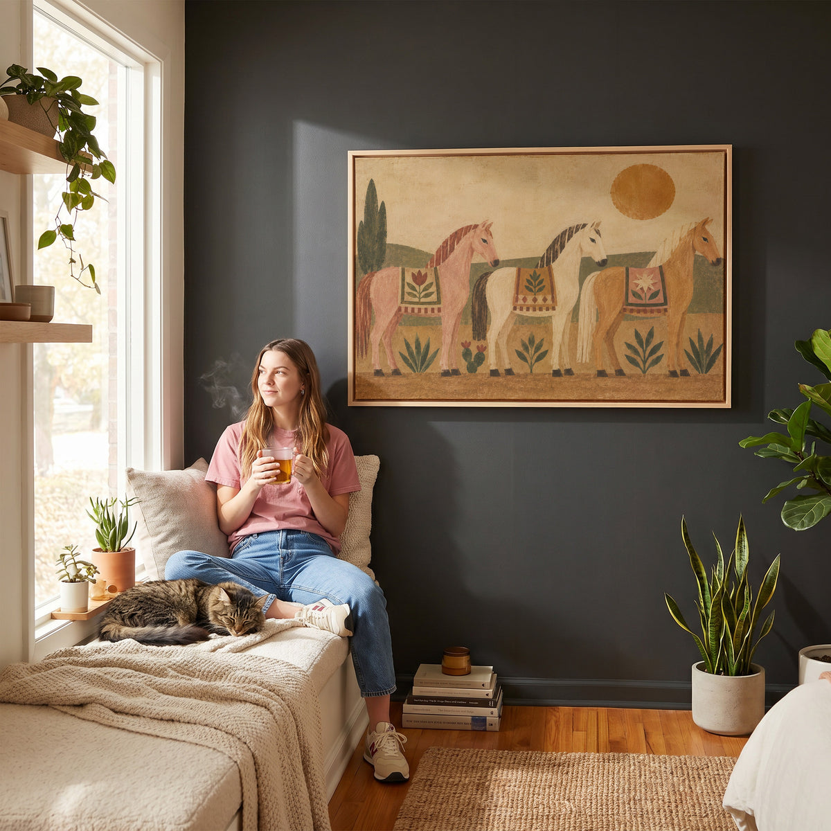 Folk art horses canvas wall art showing three naive folk horses in patterned blankets standing in a row under a gold sun