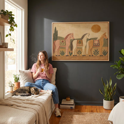 Folk art horses canvas wall art showing three naive folk horses in patterned blankets standing in a row under a gold sun