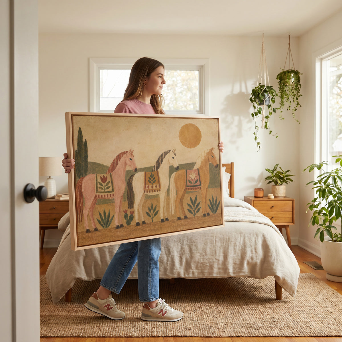 Pink horse canvas wall art showing three naive folk horses in patterned blankets standing in a row under a gold sun