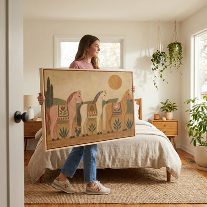 Pink horse canvas wall art showing three naive folk horses in patterned blankets standing in a row under a gold sun