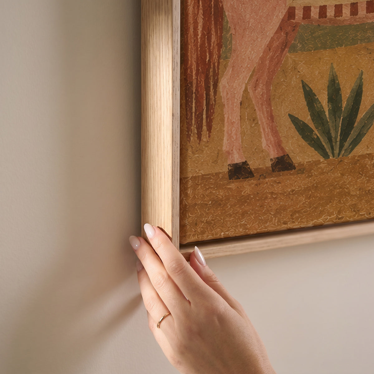 Three naive folk horses in patterned blankets standing in a row under a gold sun, horizontal canvas print