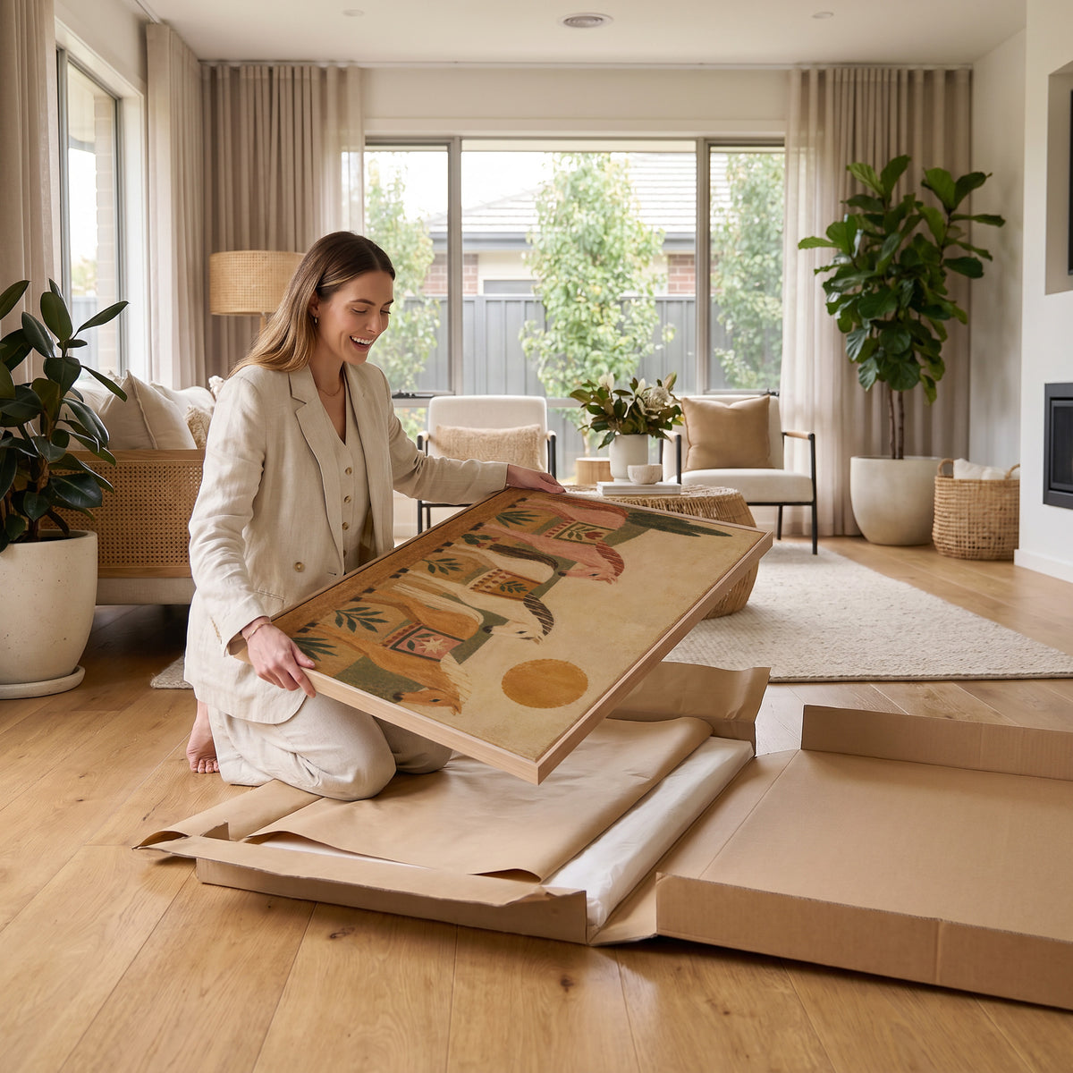 Southwestern canvas wall art showing three naive folk horses in patterned blankets standing in a row under a gold sun