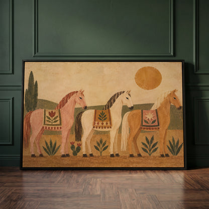 Folk canvas wall art showing three naive folk horses in patterned blankets standing in a row under a gold sun
