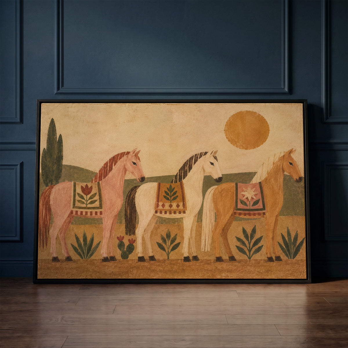 Three naive folk horses in patterned blankets standing in a row under a gold sun, canvas art print