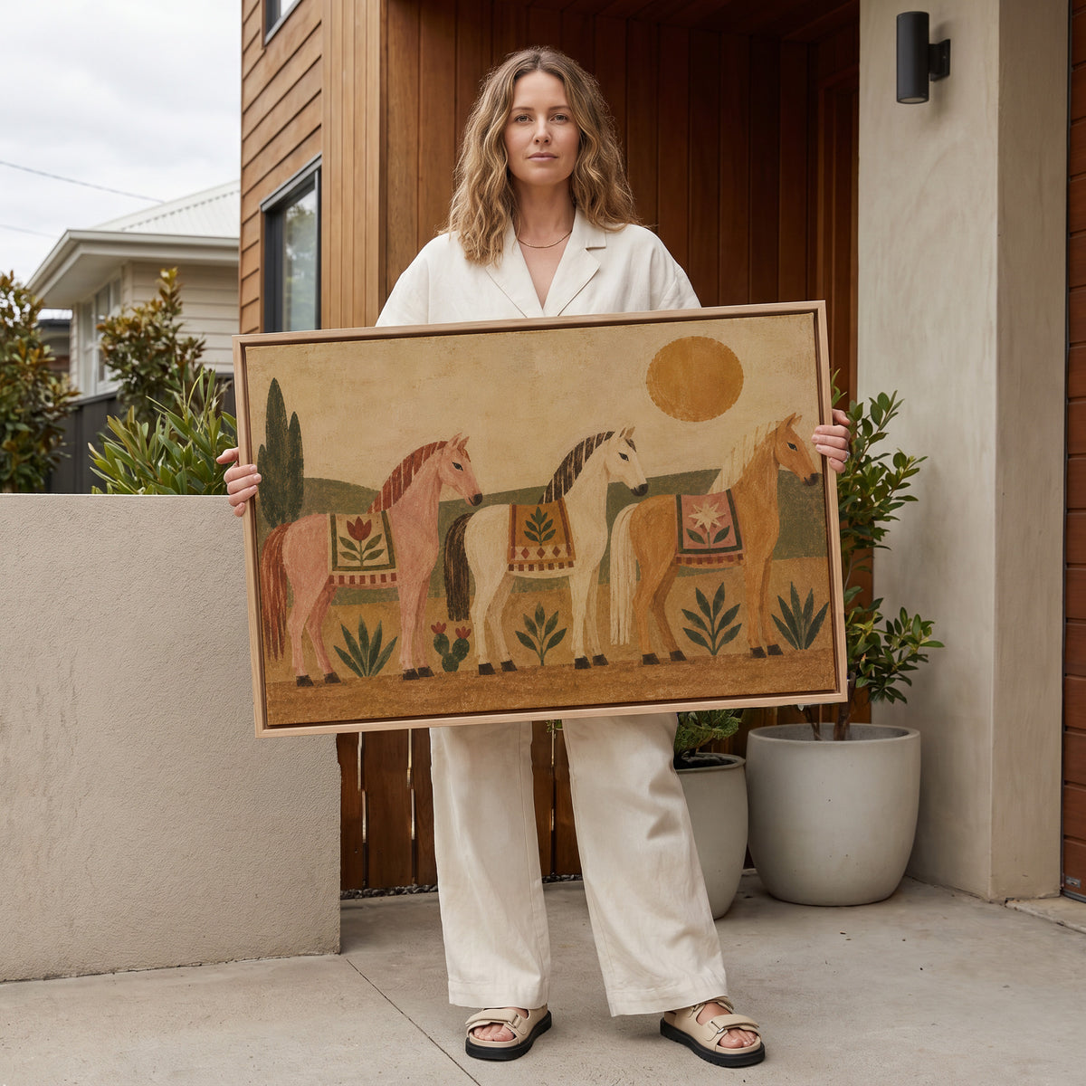 Horse canvas wall art showing three naive folk horses in patterned blankets standing in a row under a gold sun