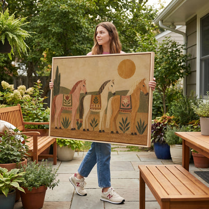 Boho canvas wall art showing three naive folk horses in patterned blankets standing in a row under a gold sun