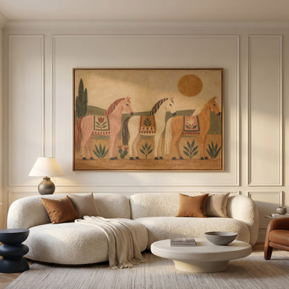 Three naive folk horses in patterned blankets standing in a row under a gold sun, folk art horses horizontal canvas print