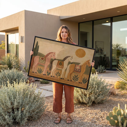 Folk animal canvas wall art showing three naive folk horses in patterned blankets standing in a row under a gold sun