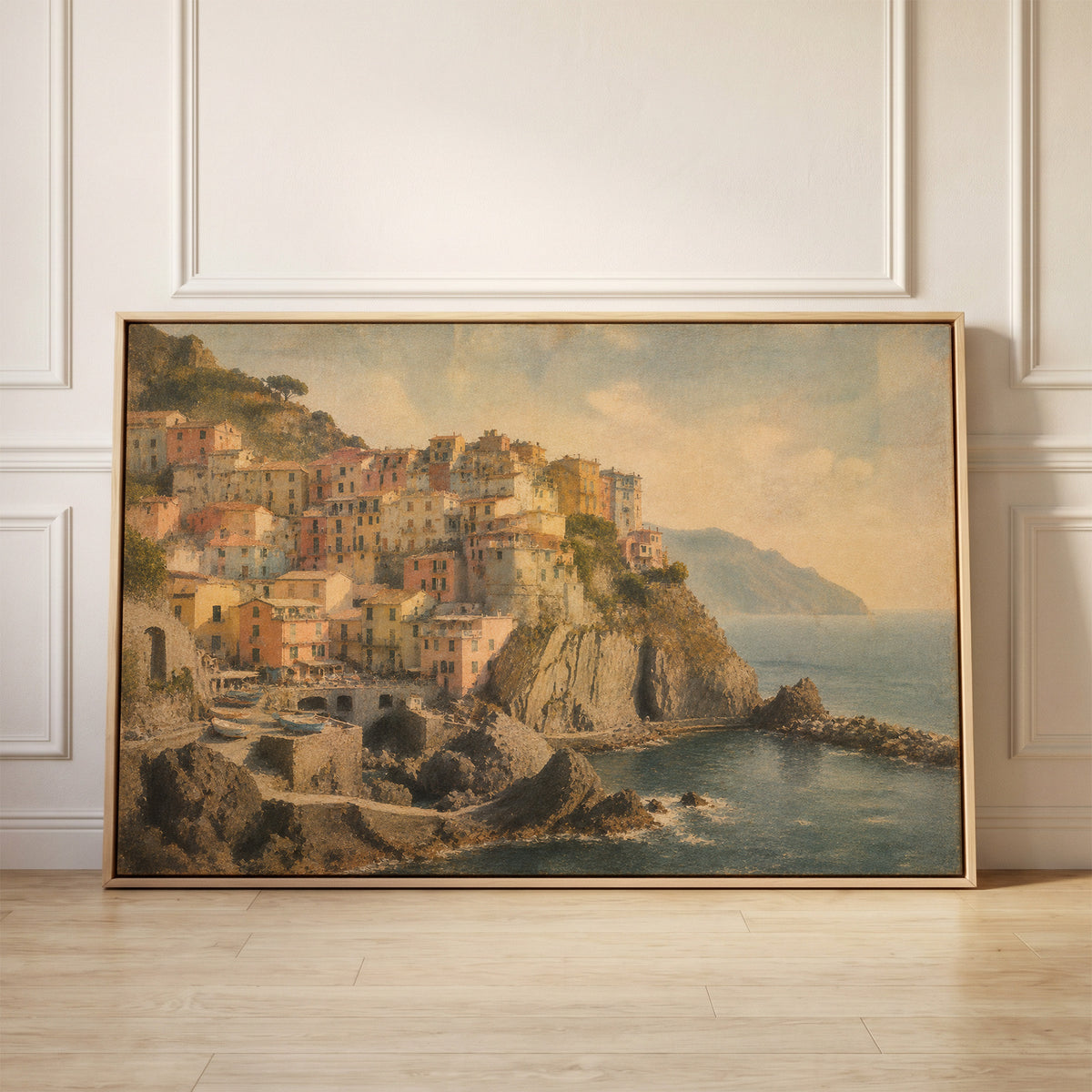 Pastel houses stacked on a cliff above a small harbour with boats at Manarola, Italy, canvas wall art