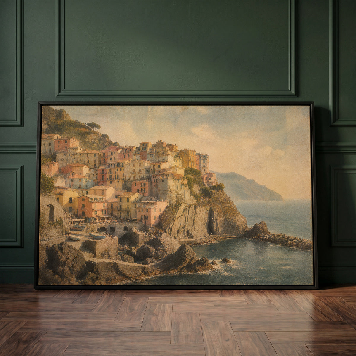 Cinque terre canvas wall art showing pastel houses stacked on a cliff above a small harbour with boats at Manarola, Italy