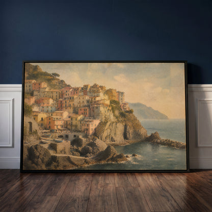 Pastel houses stacked on a cliff above a small harbour with boats at Manarola, Italy, canvas art print